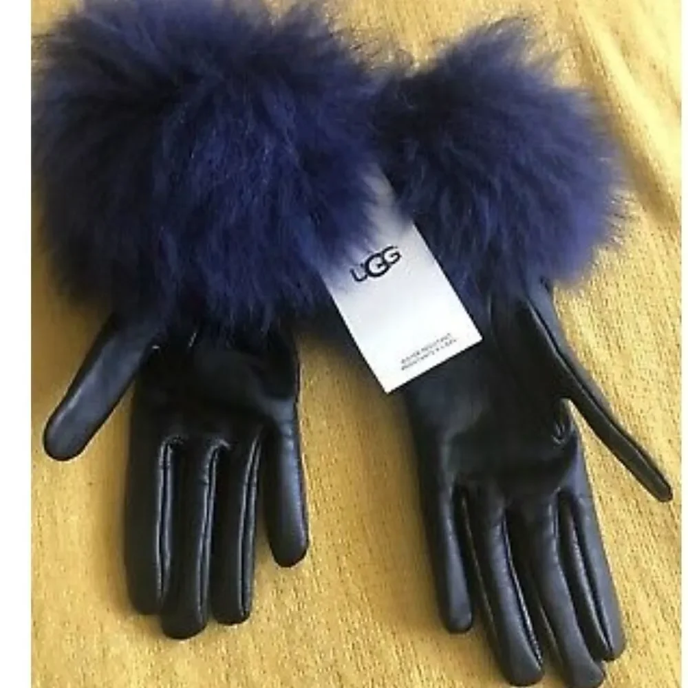 UGG Black LEATHER GLOVES  REAL FUR Blue W/ Shearling cuffs size medium